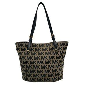 Michael Kors Beige & Black Canvas Jet Set Tote Bag